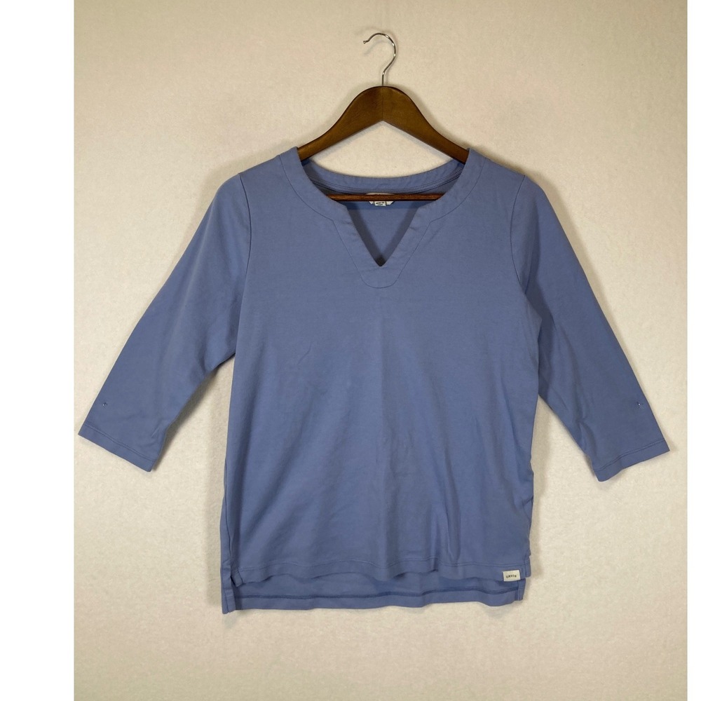 Coastal Orvis Women Medium Blue Pima Cotton Notched V-Neck 3/4 Sleeve Top